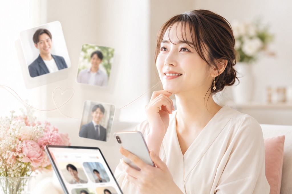スマートフォンで理想の相手を探す女性