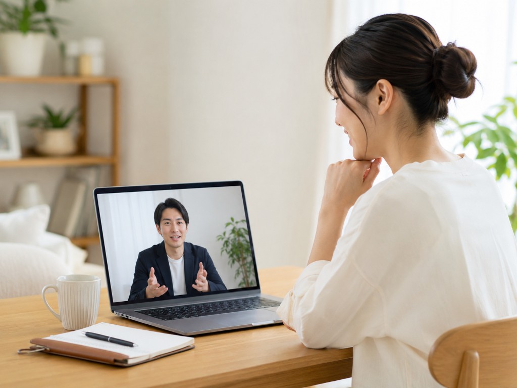 オンラインで週1回の振り返り面談を受ける女性